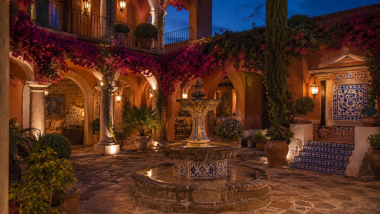 Mexican Hacienda Courtyard Blue Hour Large The Socialites