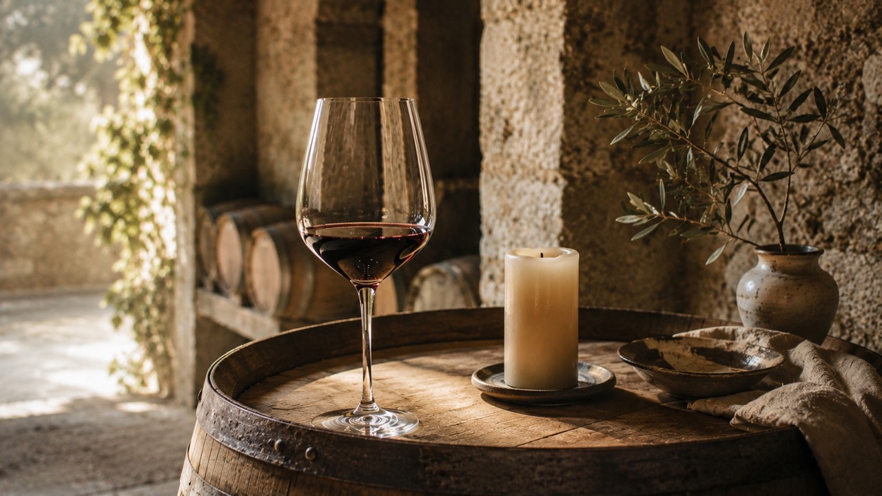 Wine Glass on a Barrel Sunlit Cellar Large The Socialites